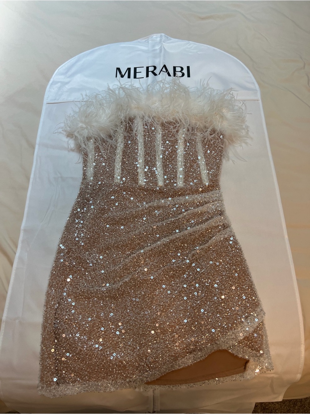 Nadine Merabi Sequin Feather Strapless Mini Dress - Champagne